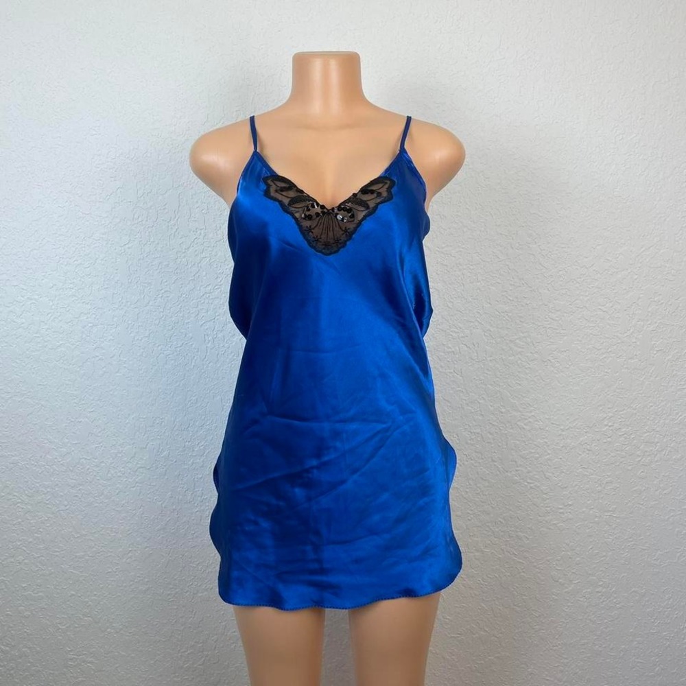 Vintage Blue Slip Dress with Black‎ Trimmed Lace